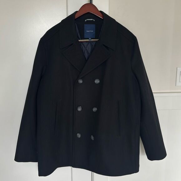 NAUTICA Classic Wool Blend Black Coat Men’s Size XXL Button Up Lined Peacoat - Picture 1 of 12